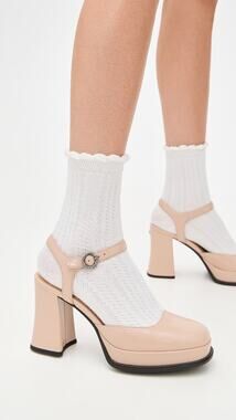 Coach Tea Rose Pumps Leather Block High Heel Platform Beige US 7.5 NEW